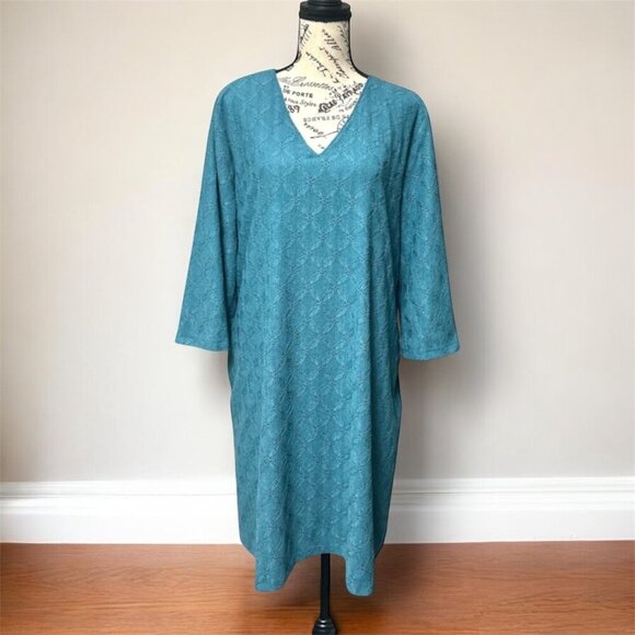 Chico’s Textured Knit Shift Midi Dress Teal V-Neck Boho Resort Beach Size XL 3 - Picture 1 of 9